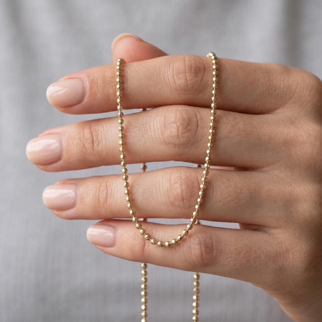 [N-SGBCN-1MM-6.5IN] 14K Solid Gold Ball Chain Necklace | Diamond Cut Starburst Sparkle | Waterproof Everyday Layering (1 mm, 6.5" - 17 cm)