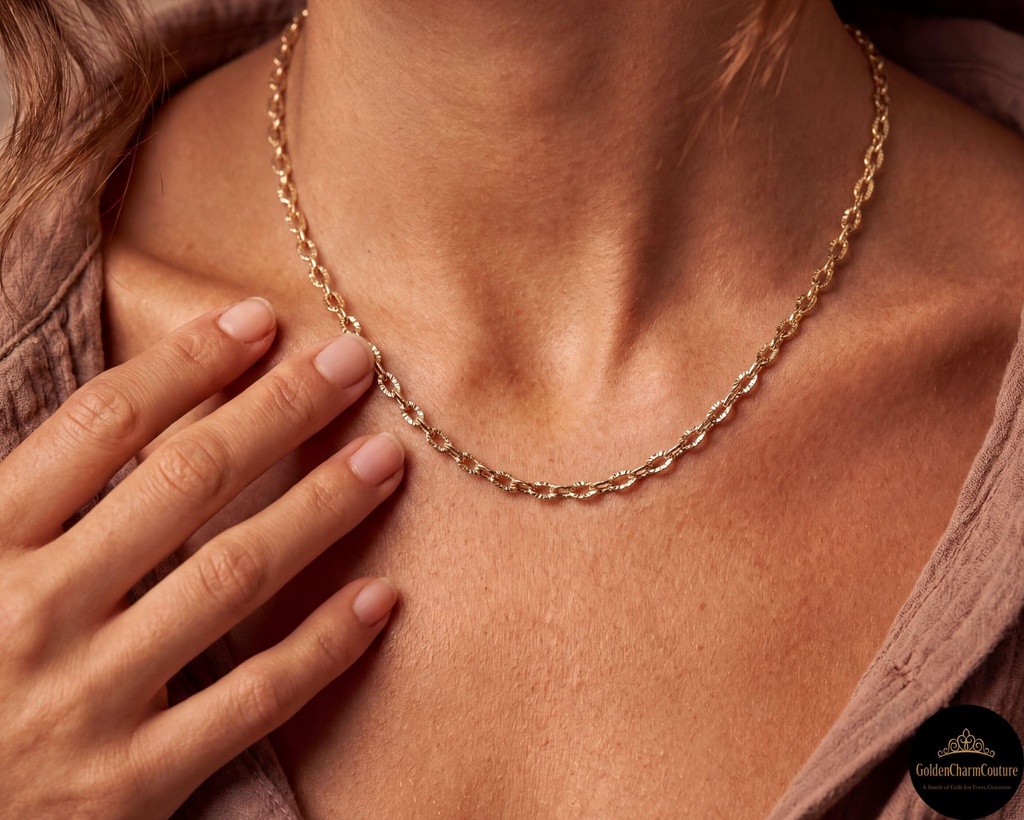 [N-SGCBC-6.5IN] 14K Solid Gold Cable Chain Necklace | Diamond Cut Oval Link | Everyday Layering Jewelry (6.5" - 17 cm)