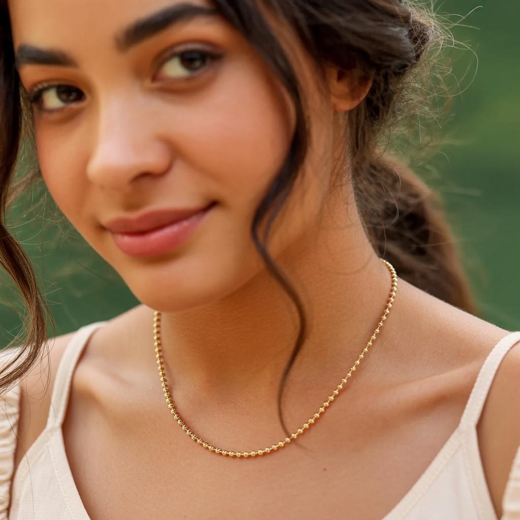 [N-SGBCC-150-6.5IN] 14K Solid Gold Diamond Cut Ball Chain Necklace | 1.5mm Faceted Beads | Waterproof Layering (6.5" - 17 cm)
