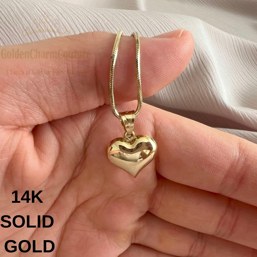 [N-SGPHP-3S-6.5IN-LC] 14K Solid Gold Puffy Heart Pendant Necklace | Real Gold Charm | 3 Sizes, Minimalist Gift (6.5" - 17 cm, Large Charm)