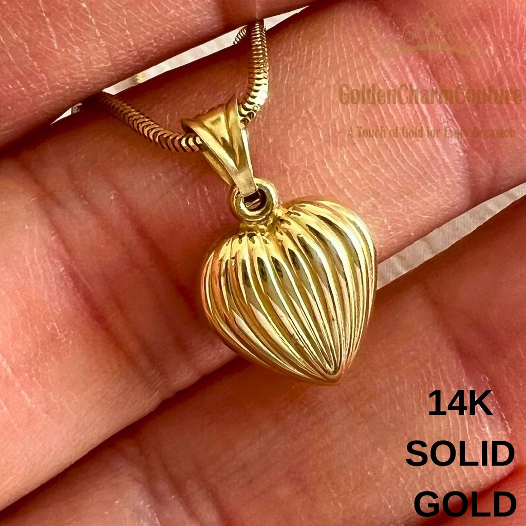 [N-SGPHP-6.5IN-OC] 14K Solid Gold Textured Heart Pendant Necklace | Real Gold Charm | Minimalist Gift for Her or Him (6.5" - 17 cm, Only Charm)