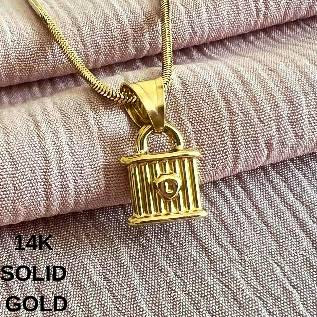 [N-SGLKP-6.5IN-OC] 14K Solid Gold Lock Pendant Necklace | Real Gold Charm | Minimalist Gift for Her or Him (6.5" - 17 cm, Only Charm)